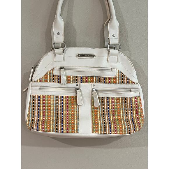 Stone Mountain Multicolor Straw Satchel Bag White Faux Leather Trim - Picture 2 of 16